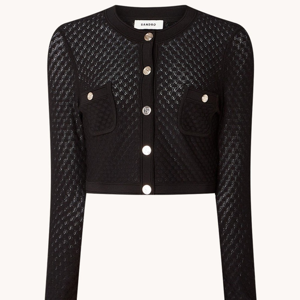 SANDRO Auvent Cardigan Sweater Black CROP Cardigan Gold Button Details Sz 0 XS